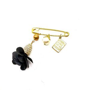 Vintage Gold Tone Safety Pin Brooch with Charms and Black Fabric Flower